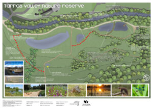 Design plan of the restoration project at Lower Tarras, featuring outlined areas for habitat restoration, reforestation, and paths, with labeled sections indicating key conservation efforts.